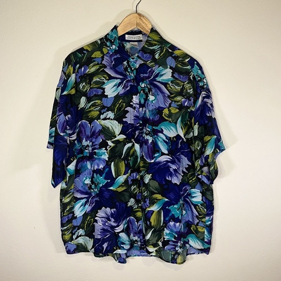 Vintage Compagnie Express Blue Floral Print Silk Blouse Women Medium Casual - Picture 1 of 5